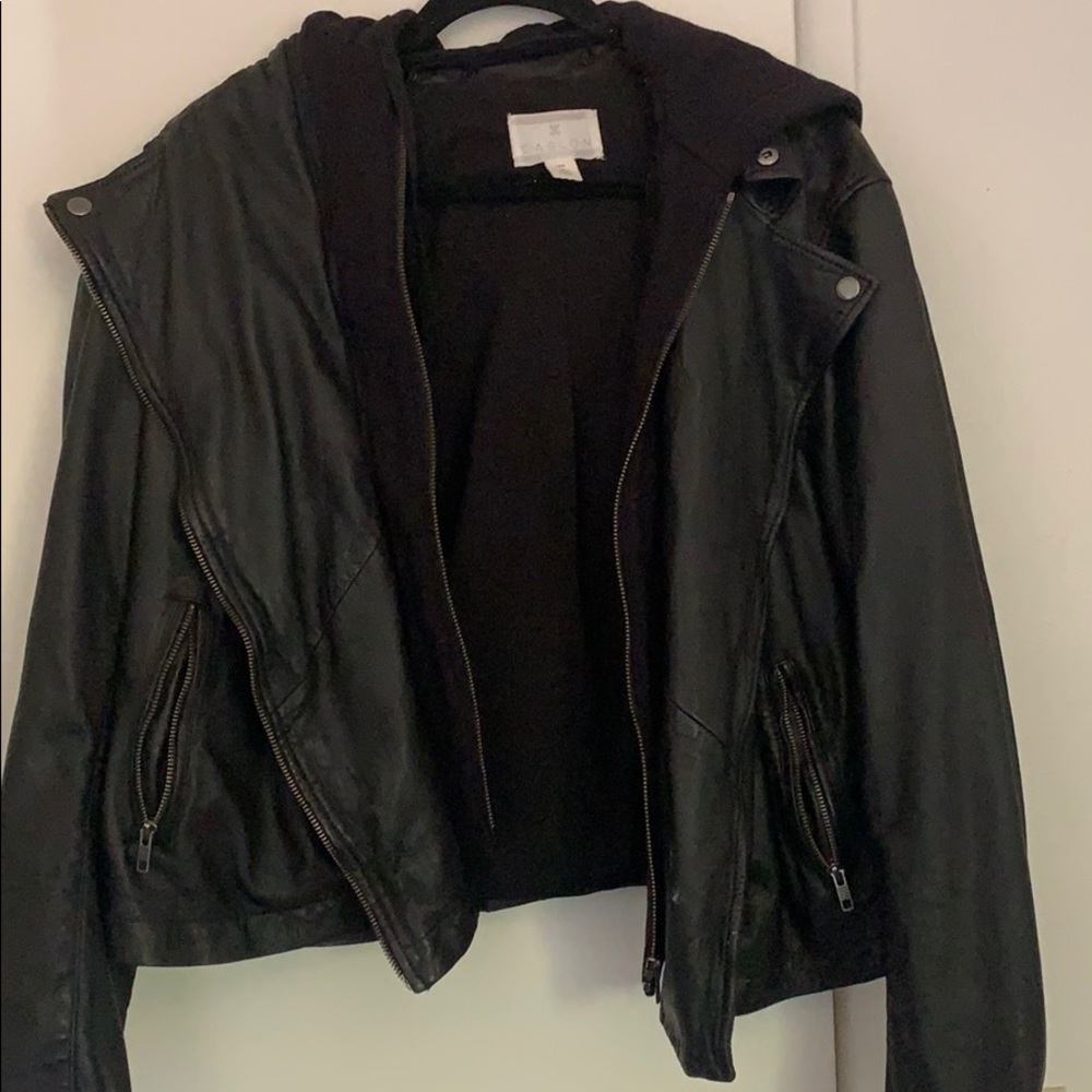 Caslon leather jacket with zip/button in hoodie